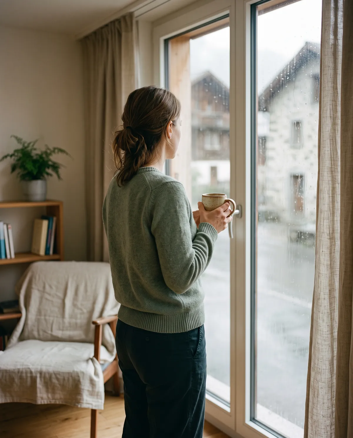 Une femme de dos regarde la pluie derrière une fenêtre, une tasse entre les mains.