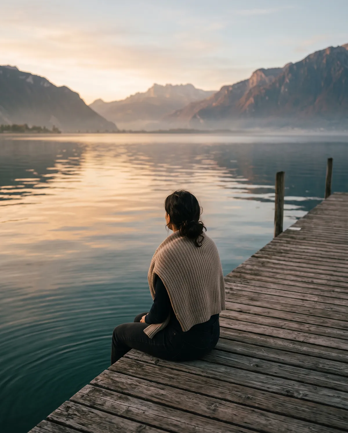 Une femme assise de dos au bout d'un ponton sur le Léman, au lever du jour.