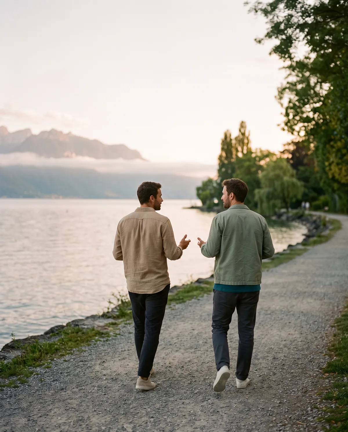 Deux amis marchent en discutant au bord du Léman, dans la lumière du soir.